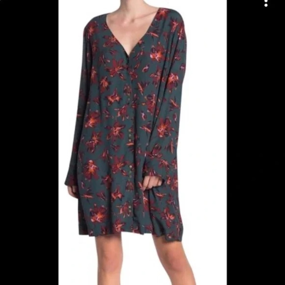 Madewell Floral Button-Front Long Sleeve Mini Dress – Green/Orange – Size M